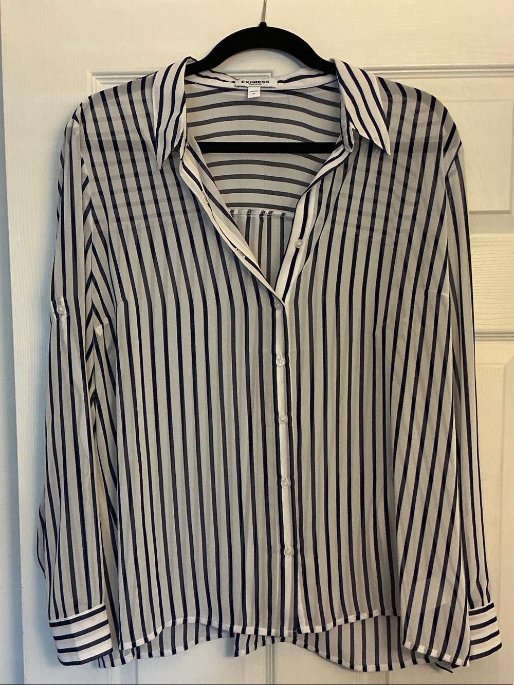 Express White Blouse with Navy Vertical Stripes